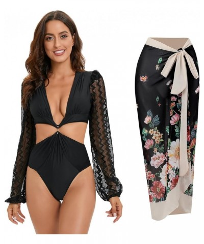 Women's Long Sleeve Swimsuit, Sexy Deep V-Neck Puff Sleeve Bathing Suit Floral One Piece Worn in Two Ways 11038black4 $21.19 ...