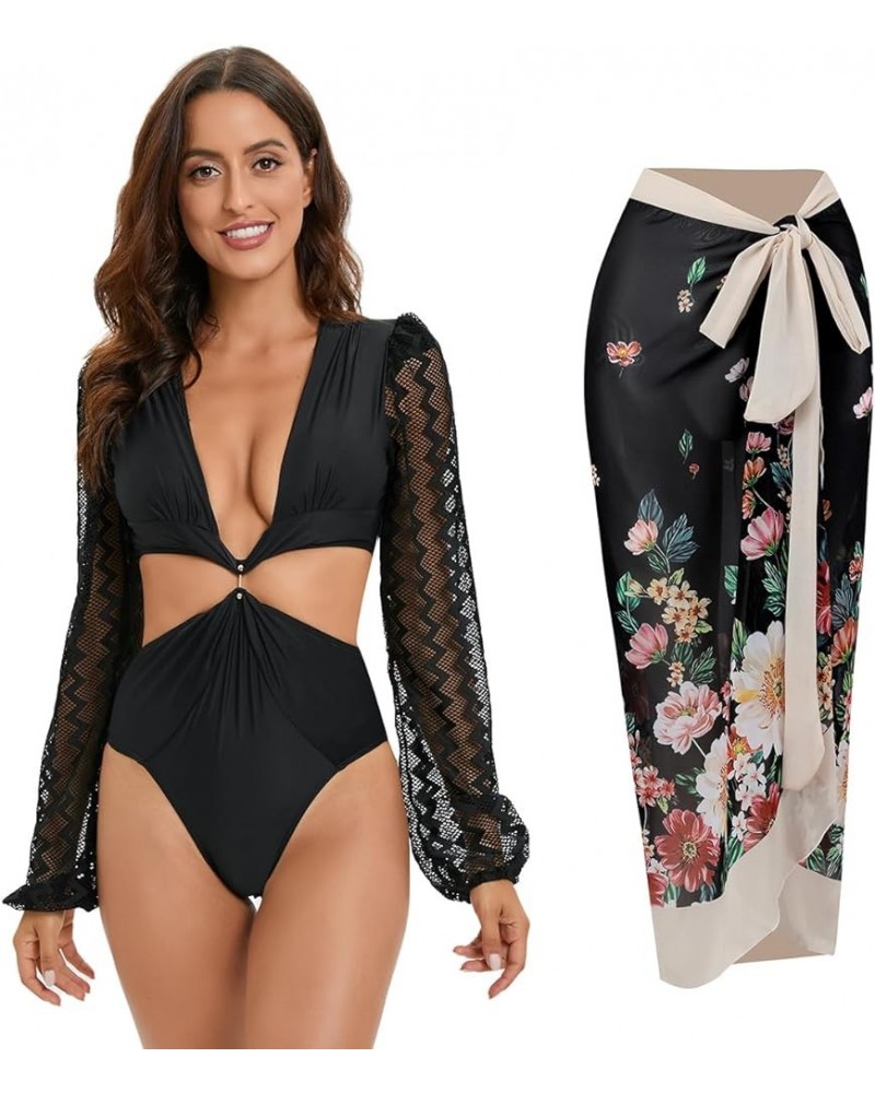 Women's Long Sleeve Swimsuit, Sexy Deep V-Neck Puff Sleeve Bathing Suit Floral One Piece Worn in Two Ways 11038black4 $21.19 ...