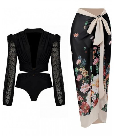 Women's Long Sleeve Swimsuit, Sexy Deep V-Neck Puff Sleeve Bathing Suit Floral One Piece Worn in Two Ways 11038black4 $21.19 ...