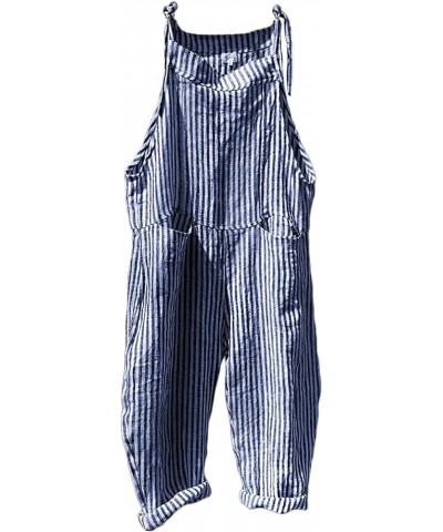 Women Oversized Summer Casual Stripes Cargo Jumpsuit Wide Leg Bib Overall Pants Plaid Dungarees Blue Stripe $12.14 Overalls