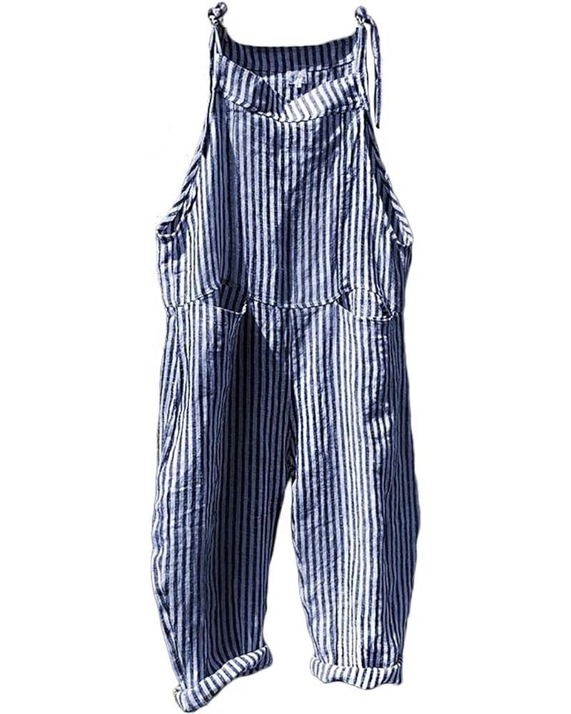 Women Oversized Summer Casual Stripes Cargo Jumpsuit Wide Leg Bib Overall Pants Plaid Dungarees Blue Stripe $12.14 Overalls