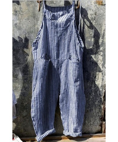 Women Oversized Summer Casual Stripes Cargo Jumpsuit Wide Leg Bib Overall Pants Plaid Dungarees Blue Stripe $12.14 Overalls