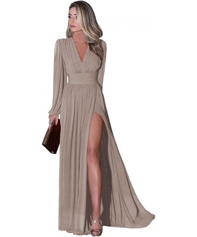 Long Sleeve Bridesmaid Dresses with Slit for Women V-Neck A Line Pleated Chiffon Evening Prom Formal Gown Taupe $29.25 Dresses