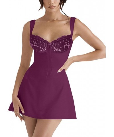 Women's Sexy Sweetheart Neck Sleeveless Tie Front Lace Trim A Line Party Mini Dress Purplish Red $23.09 Dresses