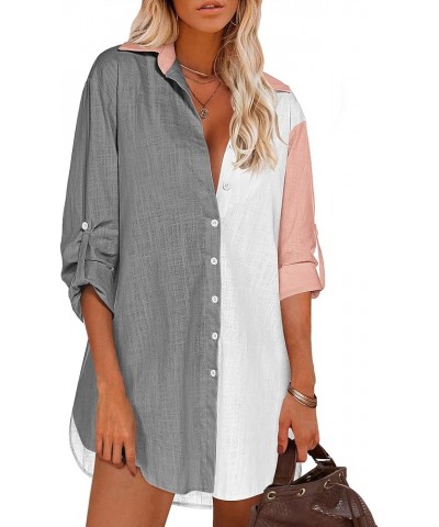 Women Boyfriend Shirts Button Down Long Sleeve Blouse Cuffed Sleeve Collared Shirt Grey Colorblock $22.79 Blouses