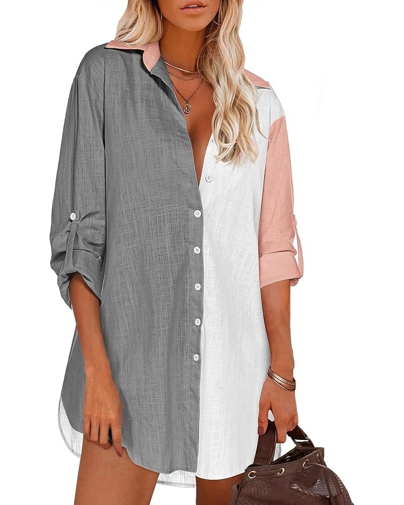 Women Boyfriend Shirts Button Down Long Sleeve Blouse Cuffed Sleeve Collared Shirt Grey Colorblock $22.79 Blouses