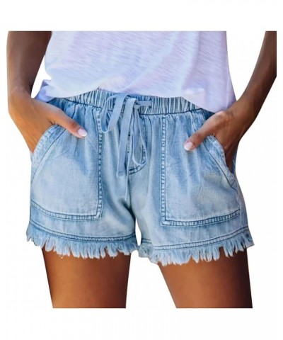 Womens Summer Jean Shorts Drawstring Waist Fringed Cut Off Shorts Stylish Teen Girls Casual Denim Shorts with Pockets Light B...