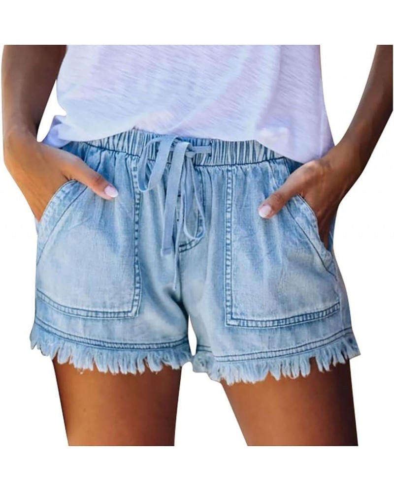 Womens Summer Jean Shorts Drawstring Waist Fringed Cut Off Shorts Stylish Teen Girls Casual Denim Shorts with Pockets Light B...