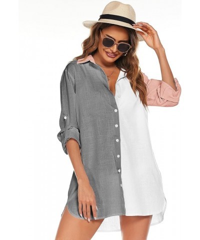 Women Boyfriend Shirts Button Down Long Sleeve Blouse Cuffed Sleeve Collared Shirt Grey Colorblock $22.79 Blouses