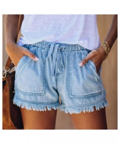 Womens Summer Jean Shorts Drawstring Waist Fringed Cut Off Shorts Stylish Teen Girls Casual Denim Shorts with Pockets Light B...