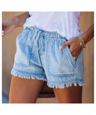 Womens Summer Jean Shorts Drawstring Waist Fringed Cut Off Shorts Stylish Teen Girls Casual Denim Shorts with Pockets Light B...