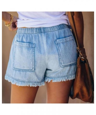 Womens Summer Jean Shorts Drawstring Waist Fringed Cut Off Shorts Stylish Teen Girls Casual Denim Shorts with Pockets Light B...