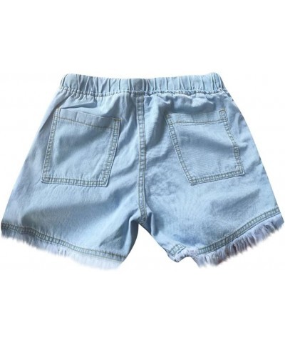 Womens Summer Jean Shorts Drawstring Waist Fringed Cut Off Shorts Stylish Teen Girls Casual Denim Shorts with Pockets Light B...