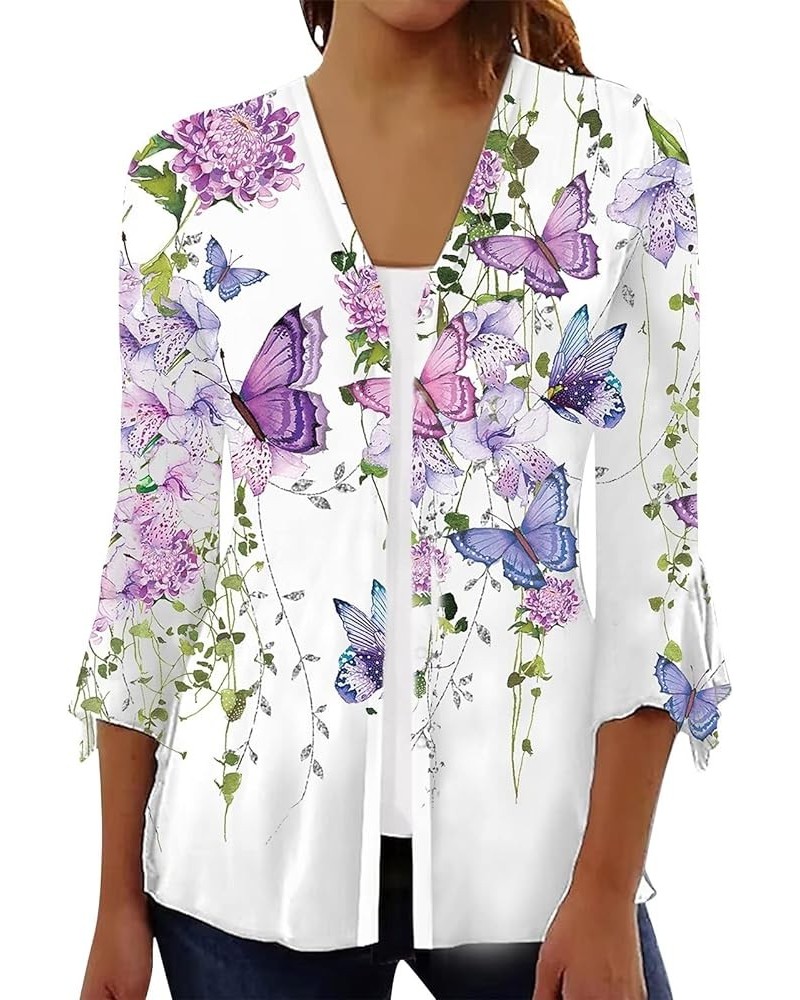 Women's Blouses 3/4 Sleeve Bohemia Flower Oversized Button Up Shirts for Women Flutter Sleeve Summer Cardigan Women Light Pur...