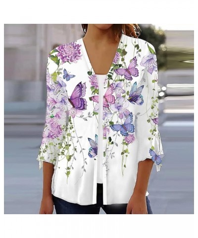 Women's Blouses 3/4 Sleeve Bohemia Flower Oversized Button Up Shirts for Women Flutter Sleeve Summer Cardigan Women Light Pur...