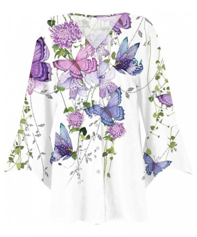 Women's Blouses 3/4 Sleeve Bohemia Flower Oversized Button Up Shirts for Women Flutter Sleeve Summer Cardigan Women Light Pur...