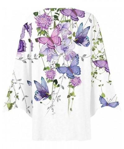 Women's Blouses 3/4 Sleeve Bohemia Flower Oversized Button Up Shirts for Women Flutter Sleeve Summer Cardigan Women Light Pur...