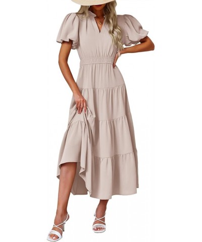 Womens Summer Midi Dress Puff Short Sleeve V Neck Flowy Tiered Beach A-Line Dresses Khaki $23.00 Dresses