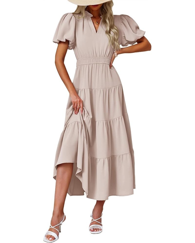 Womens Summer Midi Dress Puff Short Sleeve V Neck Flowy Tiered Beach A-Line Dresses Khaki $23.00 Dresses