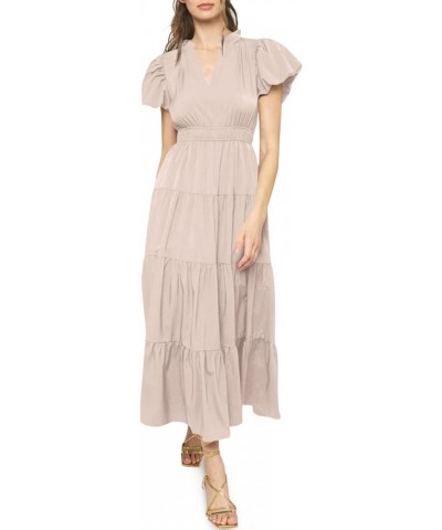 Womens Summer Midi Dress Puff Short Sleeve V Neck Flowy Tiered Beach A-Line Dresses Khaki $23.00 Dresses