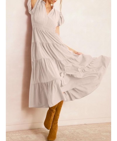 Womens Summer Midi Dress Puff Short Sleeve V Neck Flowy Tiered Beach A-Line Dresses Khaki $23.00 Dresses