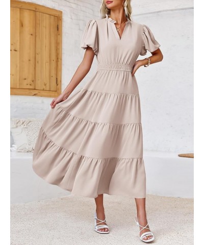 Womens Summer Midi Dress Puff Short Sleeve V Neck Flowy Tiered Beach A-Line Dresses Khaki $23.00 Dresses