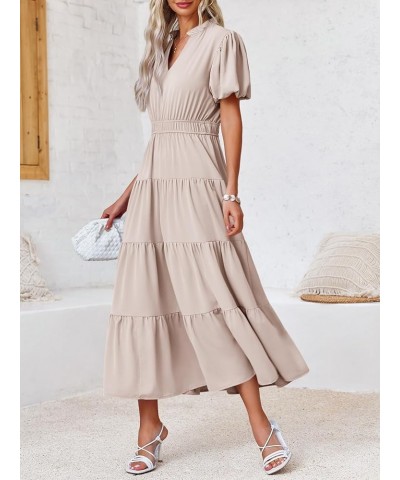 Womens Summer Midi Dress Puff Short Sleeve V Neck Flowy Tiered Beach A-Line Dresses Khaki $23.00 Dresses