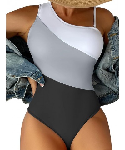 Women's One Shoulder One Piece Swimsuit Color Block Cut Out Bathing Suit Black $12.00 Swimsuits