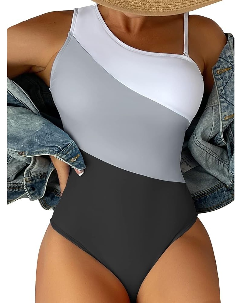 Women's One Shoulder One Piece Swimsuit Color Block Cut Out Bathing Suit Black $12.00 Swimsuits