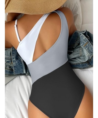 Women's One Shoulder One Piece Swimsuit Color Block Cut Out Bathing Suit Black $12.00 Swimsuits