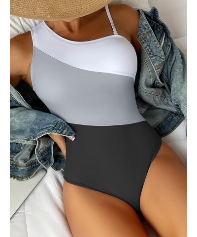 Women's One Shoulder One Piece Swimsuit Color Block Cut Out Bathing Suit Black $12.00 Swimsuits