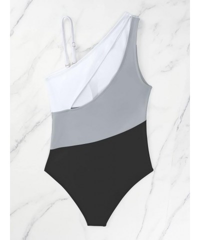 Women's One Shoulder One Piece Swimsuit Color Block Cut Out Bathing Suit Black $12.00 Swimsuits