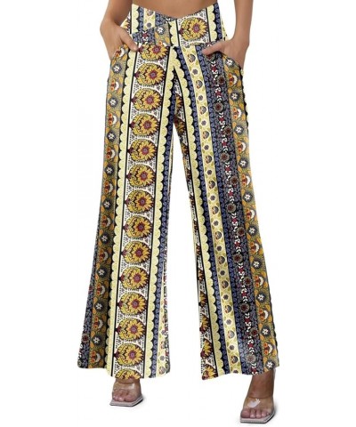 Women's Wide Leg Casual Pants Cross Waist Palazzo Lounge Pajama Flowy Pants Yoga Sweatpants with Pockets A17 Ethnic Yellow $1...