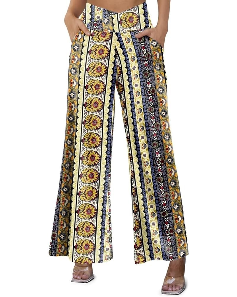 Women's Wide Leg Casual Pants Cross Waist Palazzo Lounge Pajama Flowy Pants Yoga Sweatpants with Pockets A17 Ethnic Yellow $1...