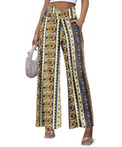 Women's Wide Leg Casual Pants Cross Waist Palazzo Lounge Pajama Flowy Pants Yoga Sweatpants with Pockets A17 Ethnic Yellow $1...