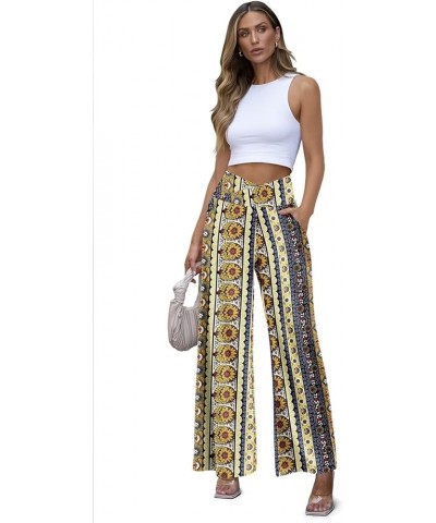 Women's Wide Leg Casual Pants Cross Waist Palazzo Lounge Pajama Flowy Pants Yoga Sweatpants with Pockets A17 Ethnic Yellow $1...