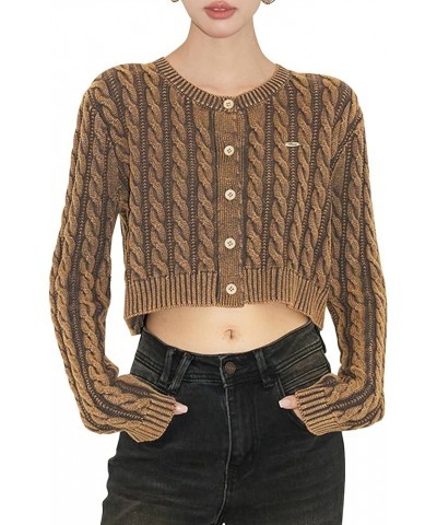 Women's Cable Knit Crop Cardigan Sweater Vintage Acid Washed Button Down Long Sleeve Open Front Crew Neck Tops Yellow Mud $10...