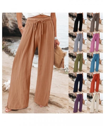 Linen Pants for Women Summer High Waisted Wide Leg Pants Casual Elastic Waist Palazzo Pants Beach Pants with Pockets C-lighto...