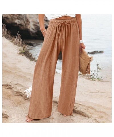 Linen Pants for Women Summer High Waisted Wide Leg Pants Casual Elastic Waist Palazzo Pants Beach Pants with Pockets C-lighto...