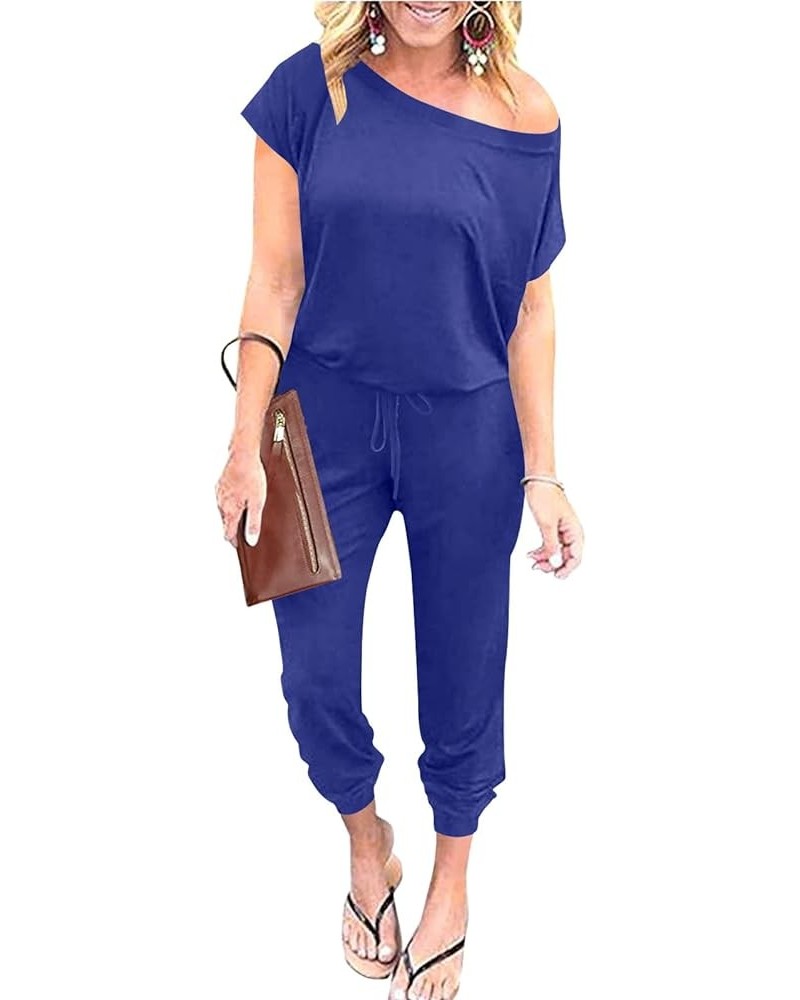 Women's Loose Summer Casual Off Shoulder Elastic Waist Stretchy Long Romper Jumpsuit 01-royal Blue $20.09 Jumpsuits