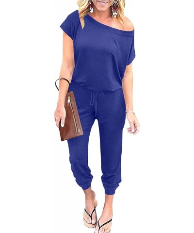 Women's Loose Summer Casual Off Shoulder Elastic Waist Stretchy Long Romper Jumpsuit 01-royal Blue $20.09 Jumpsuits