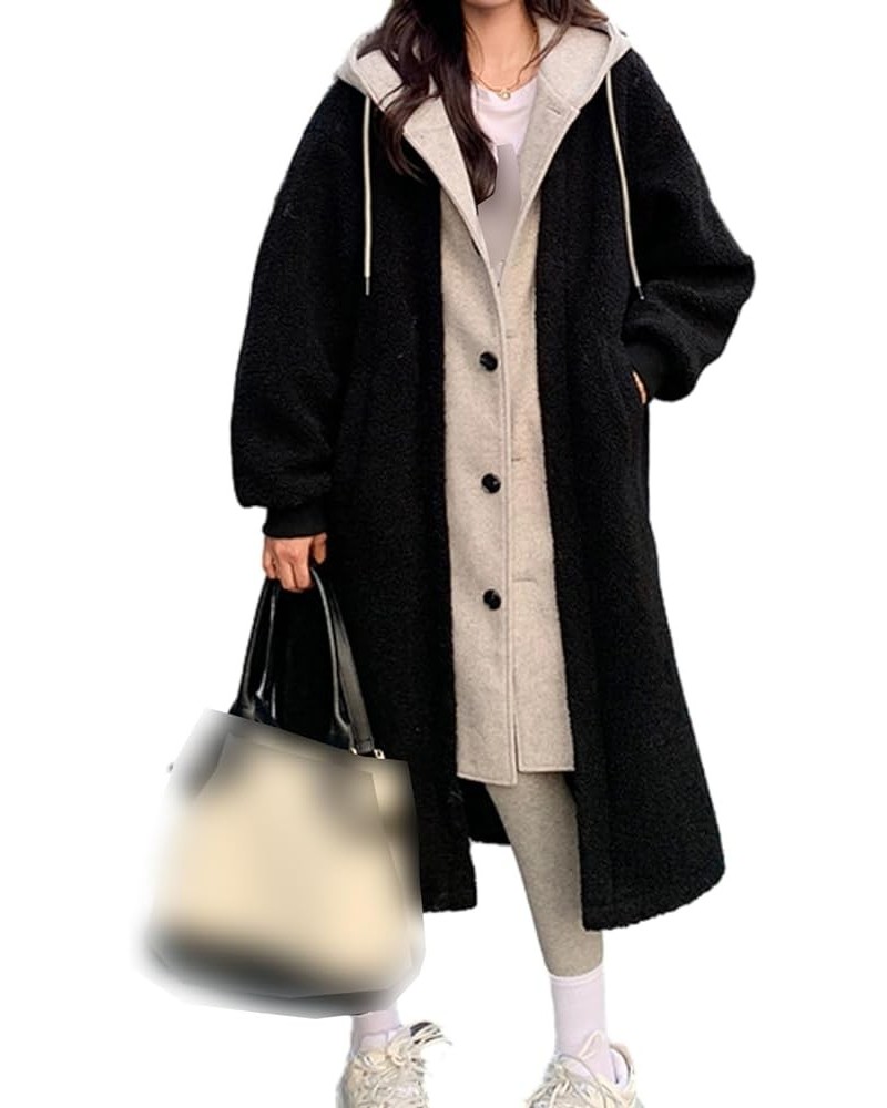 2-Layered Faux Lambswool Hooded Coat Jacket,Women's Long Hooded Fleece Button Outwear,Thickened Long Windbreaker Black $21.24...