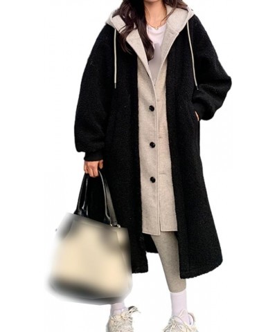 2-Layered Faux Lambswool Hooded Coat Jacket,Women's Long Hooded Fleece Button Outwear,Thickened Long Windbreaker Black $21.24...