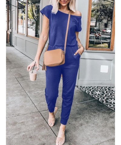 Women's Loose Summer Casual Off Shoulder Elastic Waist Stretchy Long Romper Jumpsuit 01-royal Blue $20.09 Jumpsuits