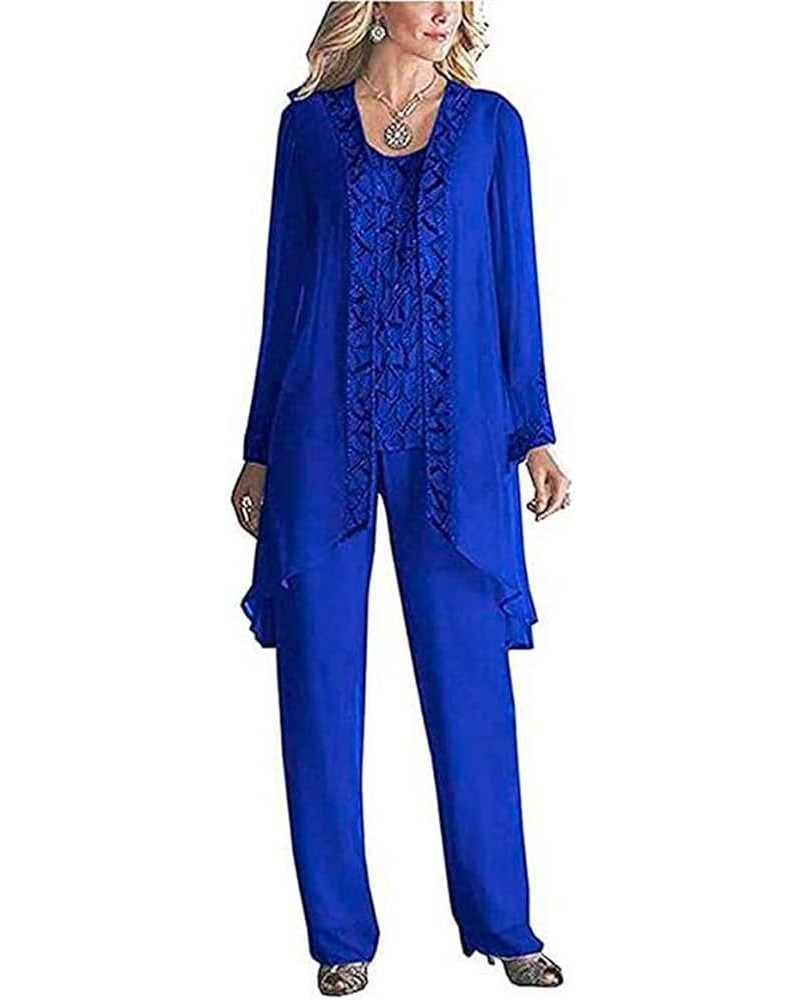 Women's 3 Pieces Chiffon Dress Mother of The Bride Pants Suits with Beaded Jacket Wedding Outfit Evening Gown Royal Blue $30....