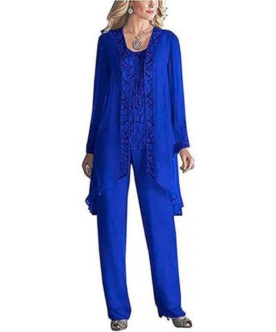 Women's 3 Pieces Chiffon Dress Mother of The Bride Pants Suits with Beaded Jacket Wedding Outfit Evening Gown Royal Blue $30....