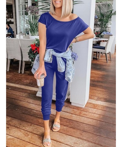 Women's Loose Summer Casual Off Shoulder Elastic Waist Stretchy Long Romper Jumpsuit 01-royal Blue $20.09 Jumpsuits