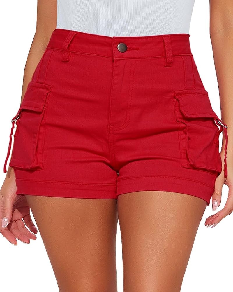 Cargo Shorts for Women Trendy High Wasited Casual Summer Stretchy Utility Cut Off Shorts with Pockets True Red $22.03 Shorts