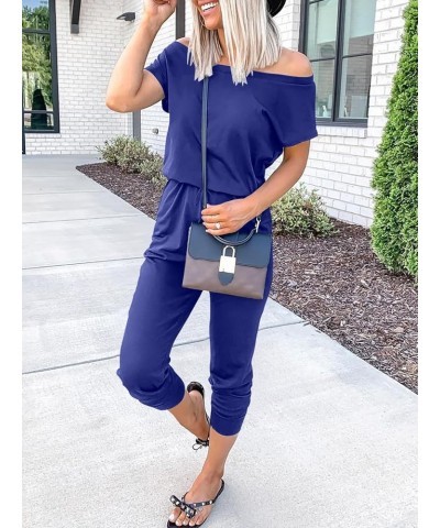 Women's Loose Summer Casual Off Shoulder Elastic Waist Stretchy Long Romper Jumpsuit 01-royal Blue $20.09 Jumpsuits