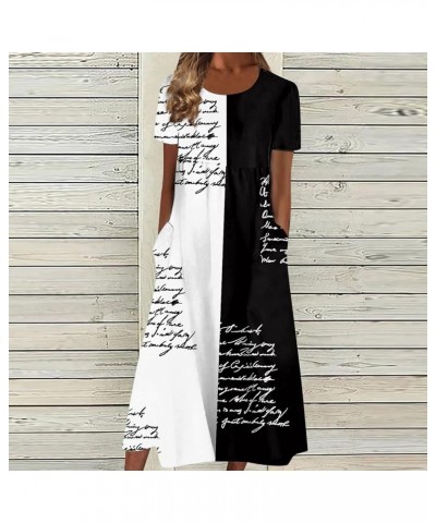 Dresses for Women 2023 Fashion High Waist Printed Short Sleeve Dress Casual Loose Round Neck Pleated Pocket Dress 04-black $1...